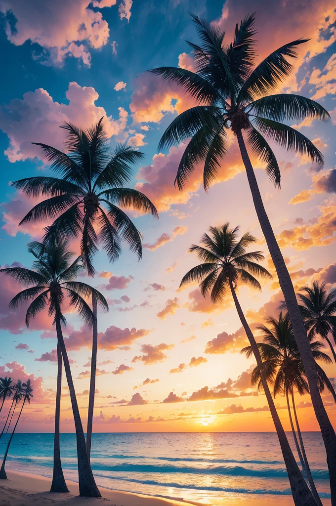 arafed view of a beach with palm trees and a sunset, a digital rendering by Lubin Baugin, unsplash, conceptual art, palm trees, with palm trees in the back, palm trees in the background, palmtrees, palm trees james gurney, palms, tropical palms, tropical trees, beautiful magical palm beach, tropical atmosphere, tropical vibe, coconut trees