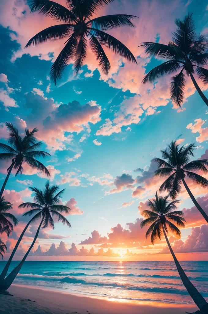 arafed view of a beach with palm trees and a sunset, a digital rendering by Lubin Baugin, unsplash, conceptual art, palm trees, with palm trees in the back, palm trees in the background, palmtrees, palm trees james gurney, palms, tropical palms, tropical trees, beautiful magical palm beach, tropical atmosphere, tropical vibe, coconut trees