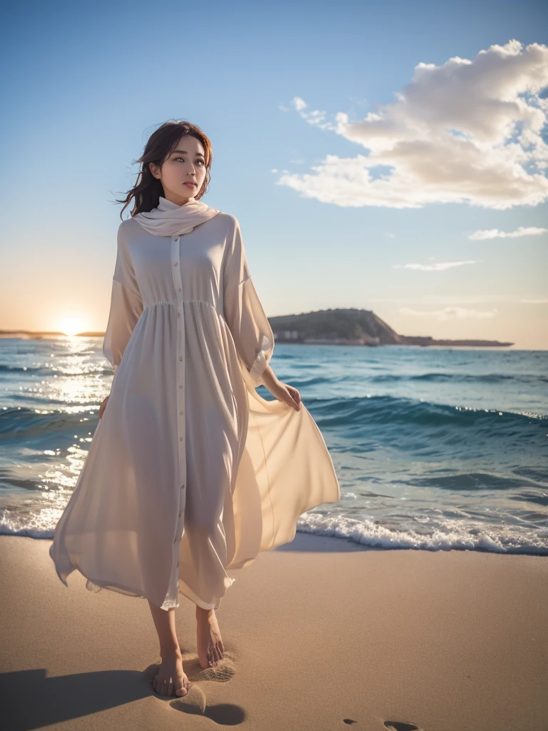 （masterpiece、Highest quality、Very detailed)、Running on the beach、Hair color is deep dark brown、Soft Waves、
（Skin is smooth、Lightly reflects light、Healthy shine）、（The eyes are almond-shaped、eyes dark brown）、Long eyelashes、Flexible curls、Each one is clearly visible、Thin eyeliner、Natural eyelash shadow）、（Natural pink cheeks）、（Thick lips、smile）（Japanese 、bikini、White open-collar shirt、mini skirt、inseam length）、（barefoot:1.5）、(((Hunchback:1.5)))、（Shooting on the beach:1.5、Pay attention to her whole body and facial expression）、（((Eye highlights and skin detail、Realistic details))）