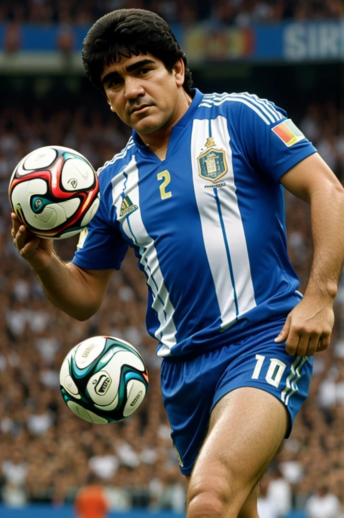 Draw Maradona with a ball in his left hand and the World Cup in his right hand