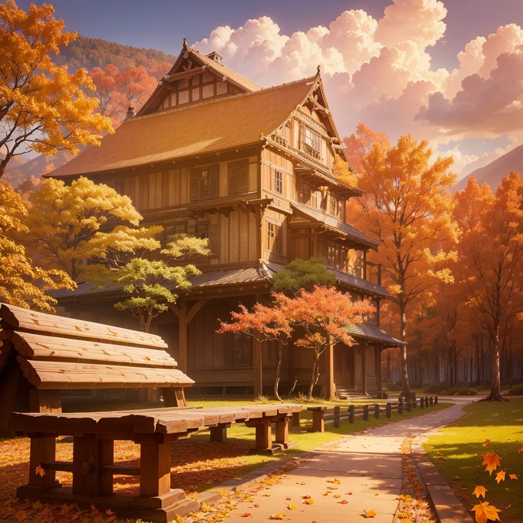 (Highest quality, High resolution), Vibrant colors,Low - Angle,
(古びたwood製のベンチ:1.3),Fascinating and enchanting autumn scenery. Warm earth tones, Soft and natural lighting.Autumn leaves background, Vibrant colorsの葉, The golden leaves gently fall, wood々Warm sunlight shining in from between, Peaceful and calm atmosphere, Soft rays of light illuminating the scene, The sound of rustling leaves, Fresh, cool air, Textured bark, A carpet of fallen leaves on the ground, Quiet and picturesque setting, Natural beauty in full bloom,