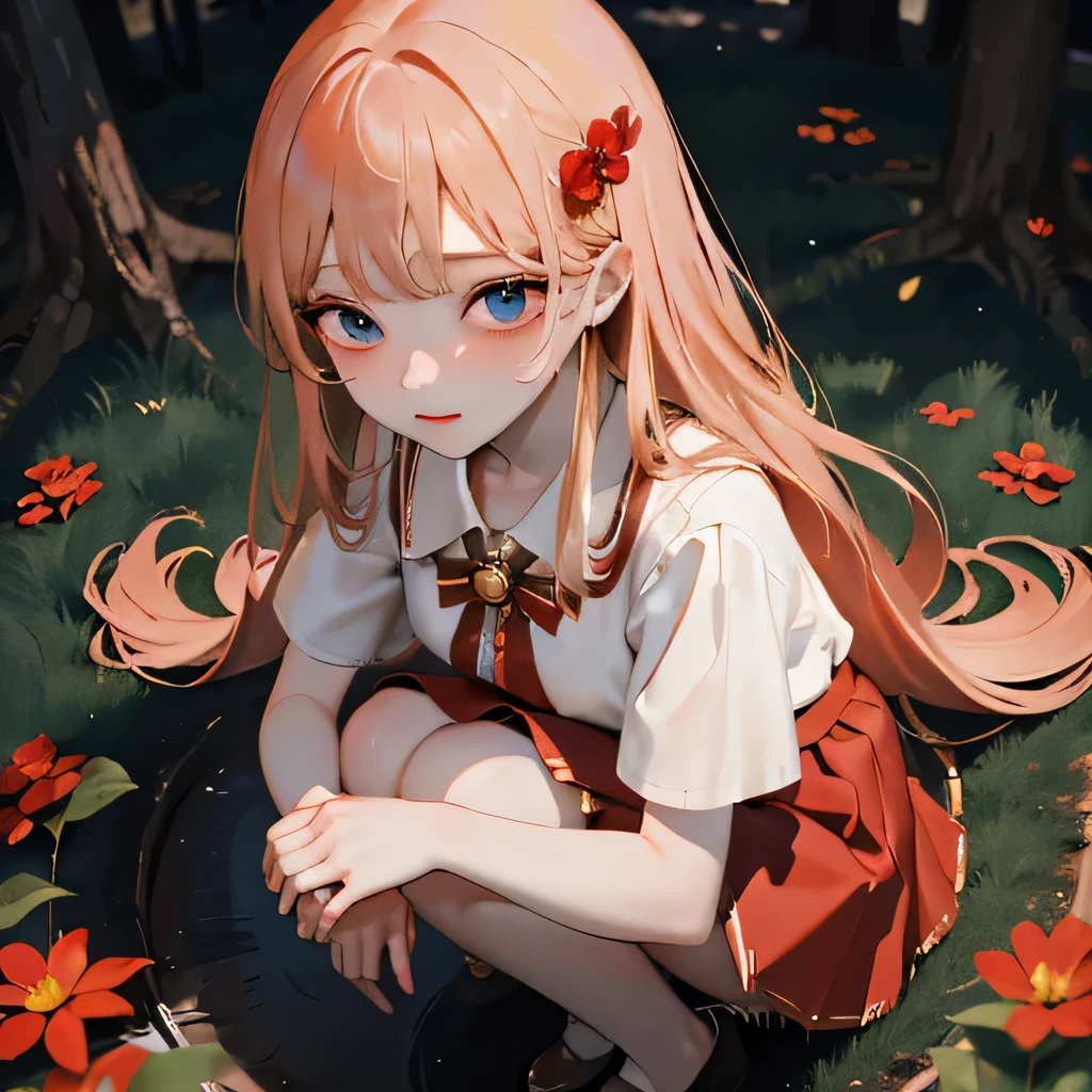 masterpiece, Highest quality, 8k wallpaper, Very detailed, A girl , Golden Hair, Long Hair, fine grain、(Red Skirt)、 White dress shirt,(A single large red flower hair ornament),dark、Light blue eyes、Expressionless、Shooting from above、Dark Taste、Crouching、Near the bonfire、in the forest、Soil ground、campfire