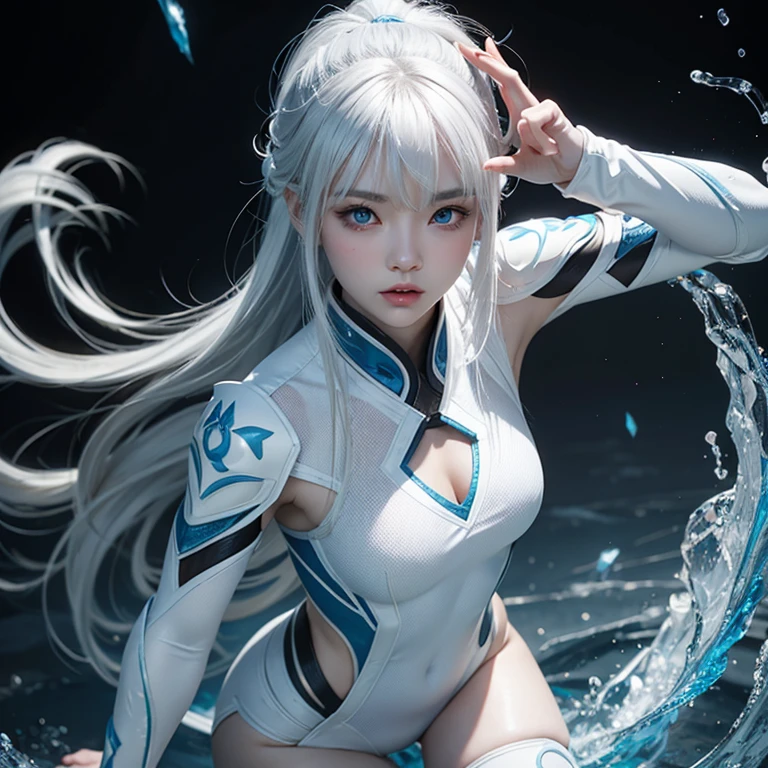 Korean girl, white long hair with bangs, icy blue eyes, white skin, white skimpy ninja suit, video game style, mortal kombat style