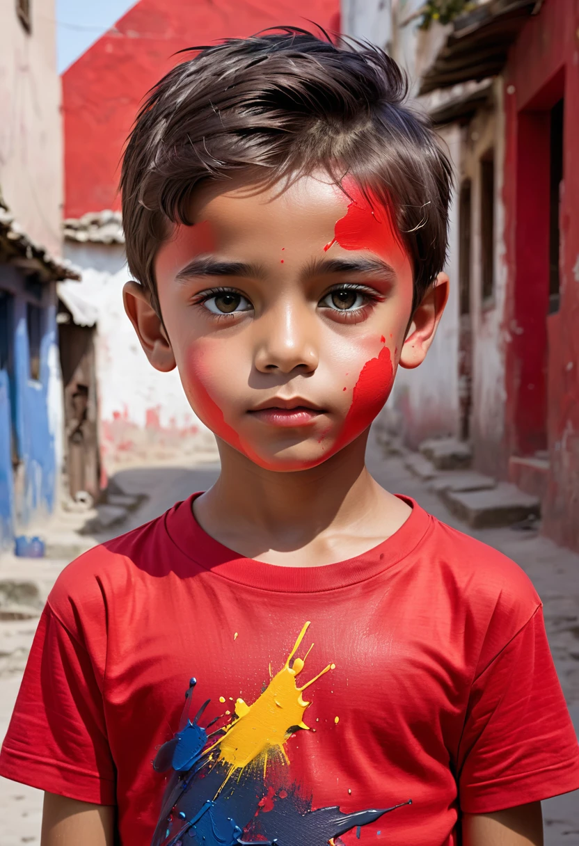 Young boy looking decent wering paint and red t shirt