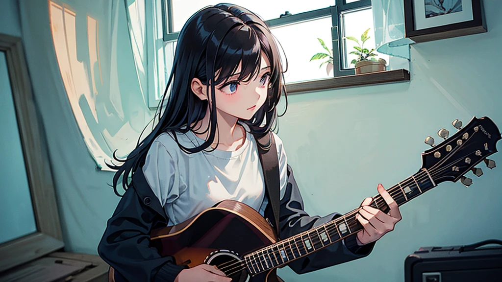 In a very dark room、In a place where the light shines fantastically from behind、A girl around 15 years old is playing the guitar and looking out the window.。In the background is a large window