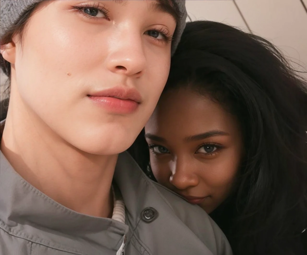 A man with a gray cap and a black woman with her head on his shoulder smiling a little and her black hair