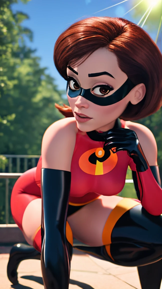 (masterpiece), best quality, outdoors, lens flare, depth of field, 1girl, solo, looking at viewer, breasts, helenparr, domino mask, mask, bodysuit, elbow gloves, thighhighs, thigh boots, squatting, at the bedroom