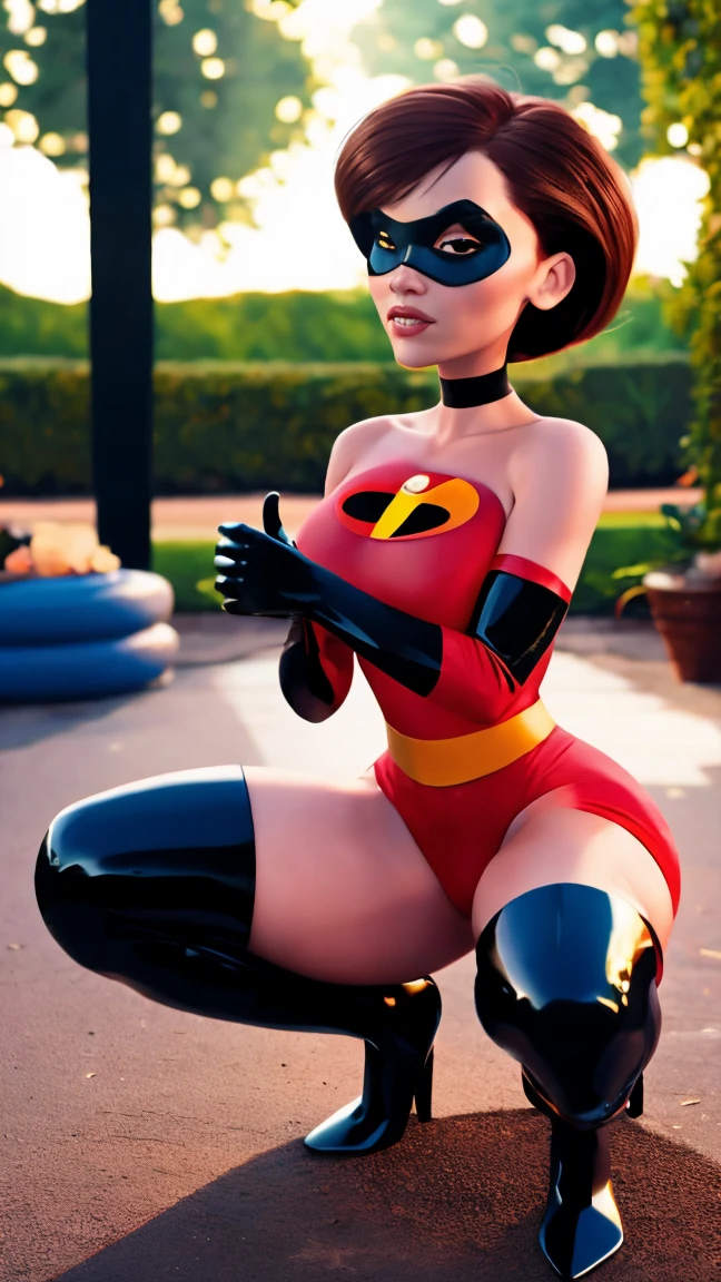 (masterpiece), best quality, outdoors, lens flare, depth of field, 1girl, solo, looking at viewer, breasts, helenparr, domino mask, mask, bodysuit, elbow gloves, thighhighs, thigh boots, squatting, at the bedroom