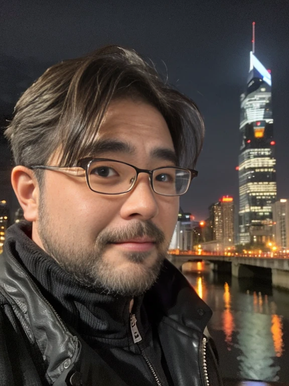 Highest quality, 1 boy, Glasses, Stubble, beard, Against the background of the cityscape、A scene where a man wearing a black trench coat is walking。Skyscrapers and city lights are reflected in the background.。