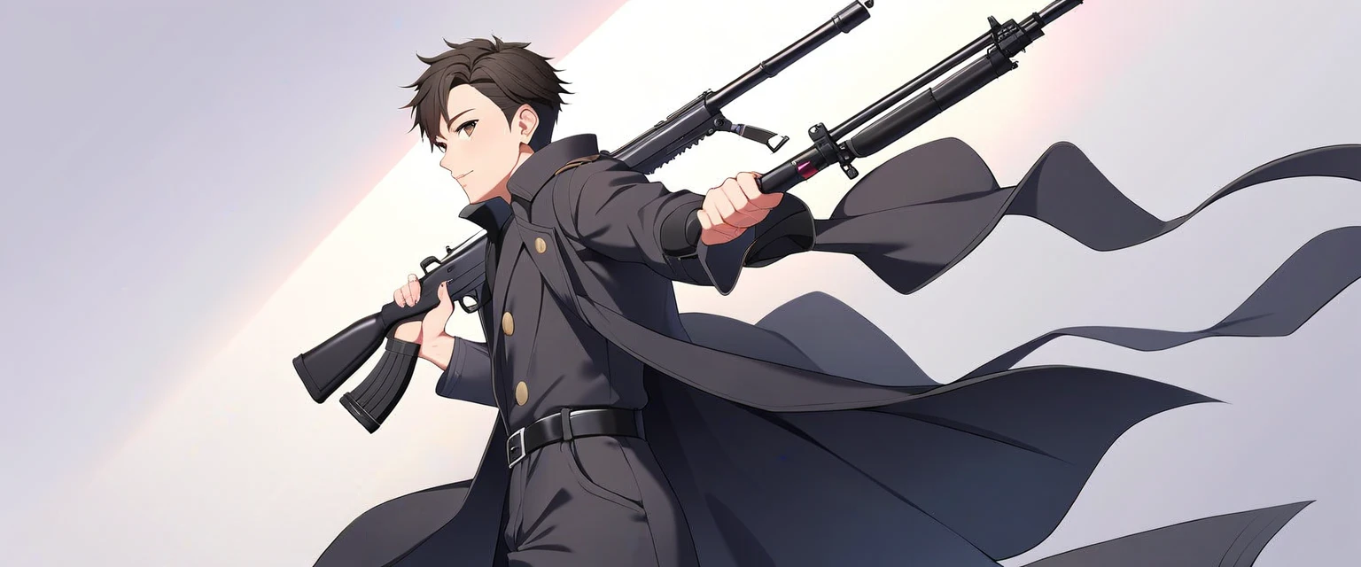 score_9, score_8_up, score_7_up, source_anime, detailed, 8k, cinematic angle, rating from side, safe, Wide-angle lens, a man in Black Trench Coat is holding a submachine gun to viewer,