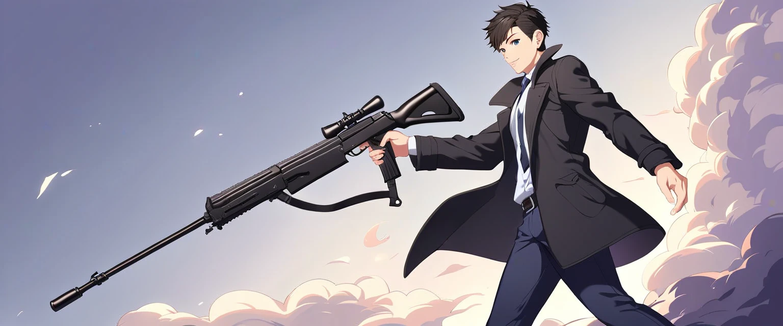 score_9, score_8_up, score_7_up, source_anime, detailed, 8k, cinematic angle, rating from side, safe, Wide-angle lens, a man in Black Trench Coat is holding a submachine gun to viewer,