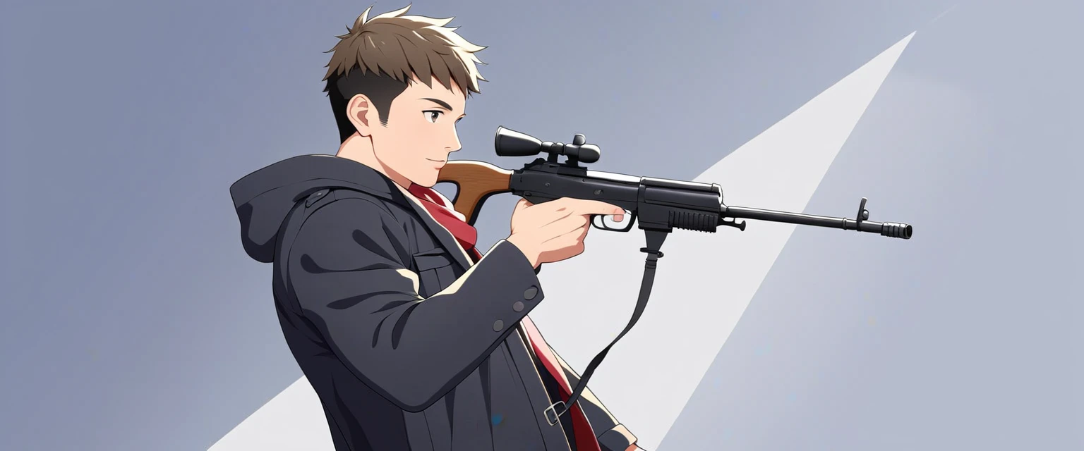 score_9, score_8_up, score_7_up, source_anime, detailed, 8k, cinematic angle, rating from side, safe, Wide-angle lens, a man in Black Trench Coat is holding a submachine gun to viewer,