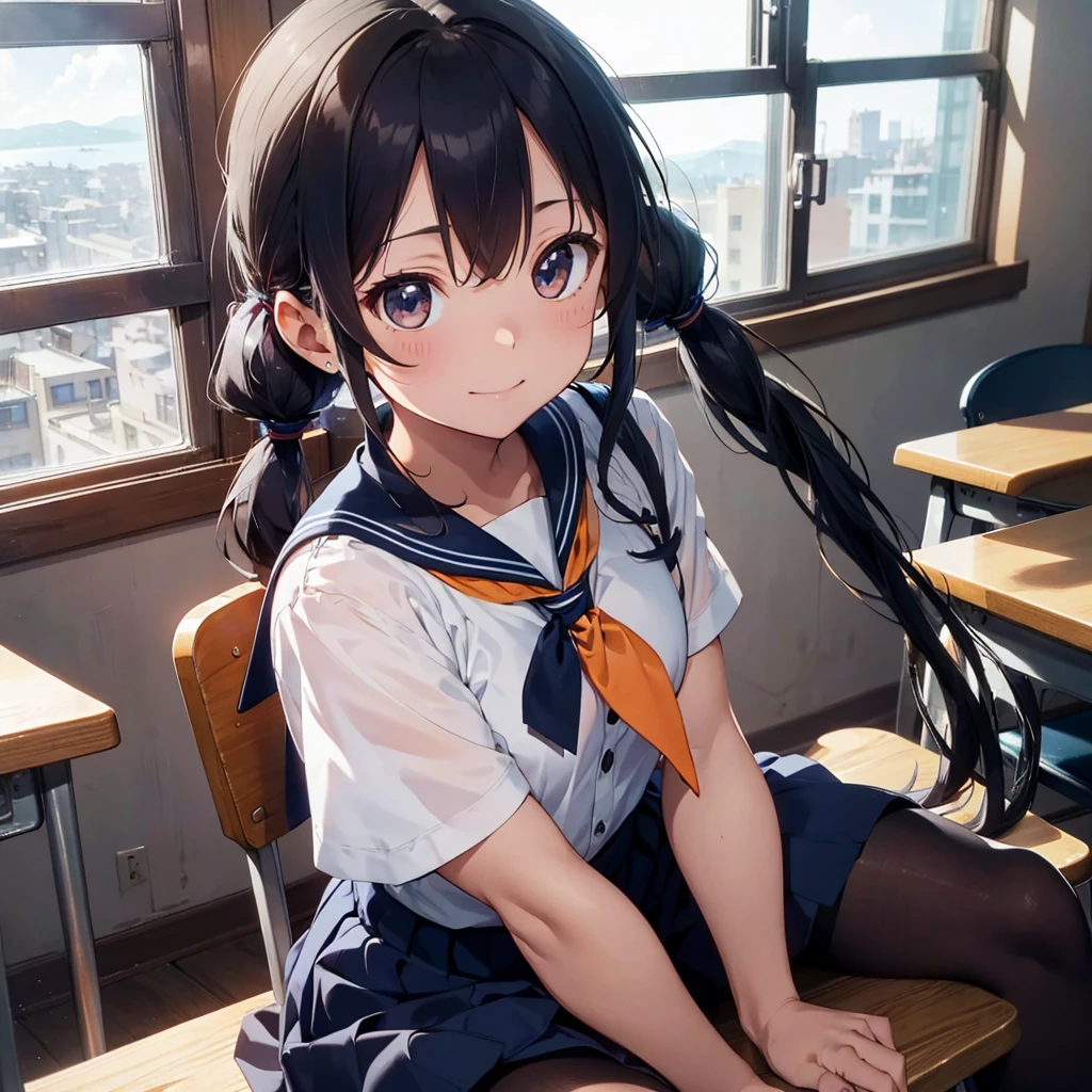 Highest quality, Very detailed, masterpiece, One Girl, Sit on a chair, talk, Smile, 15yo, (low twintails:1.2), Low Pigtails, Black Hair, Long Hair, (Navy blue sailor suit:1.4), Blue ribbon, Long sleeve, School desk, School Chair, classroom, from the front, window, distant cityscape, A town with hills, Sea in the back, 16 o'clock, Orange sky, anime, (Close up on face),