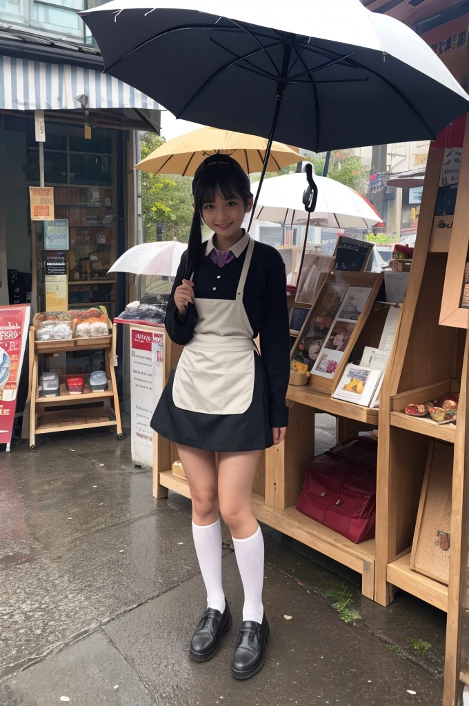 A 20-year-old girl selling umbrellas with umbrellas lined up(Wearing a miniskirt and apron)