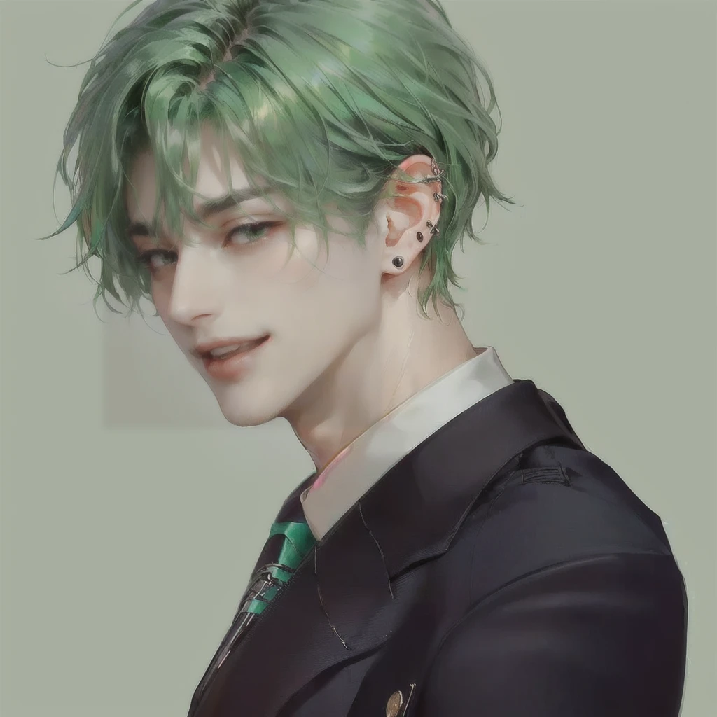 ((GREEN HAIR MESSY HAIR MAN))((BRIGHT VERY black EYES))((SEDUCTIVE PREDATORY EYES))((teeth, grin))((SEXY LOOKING FACE))((MATURE))((MATURE MALE OLD MALE))(((cocky)))(((LAWYER)))(((EARPIERCING FIX)))((BRIGHT LIVELY COLLORS))((OPEN MOUTH))(((BADASS SUIT)))((NICE BG))