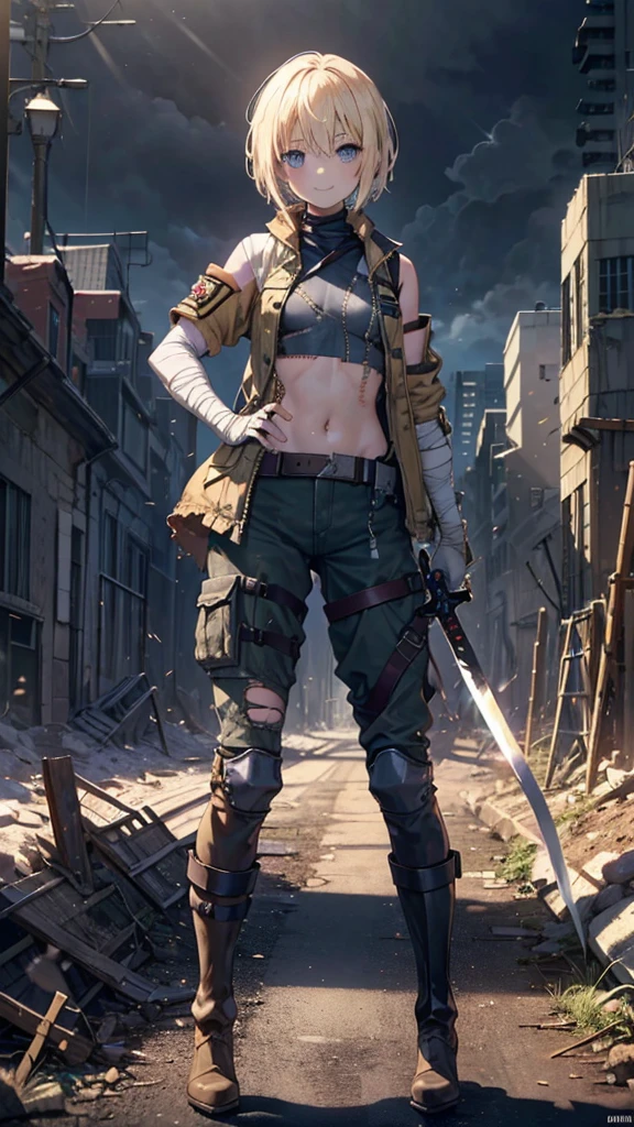 (Young blonde girl), (short hair to shoulders), (big confidence smile), (bandages covering chest), (dirty aspect, scars), (militar pants and boots), (great sword with one hand), (exposed belly), (Torn military clothes), (apocalypse city background), (bandages chest), (Small militar jacket)