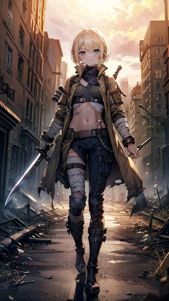 (Young blonde girl), (short hair to shoulders), (big confidence smile), (bandages covering chest), (dirty aspect, scars), (militar pants and boots), (great sword with one hand), (exposed belly), (Torn military clothes), (apocalypse city background), (bandages chest), (Small militar jacket)