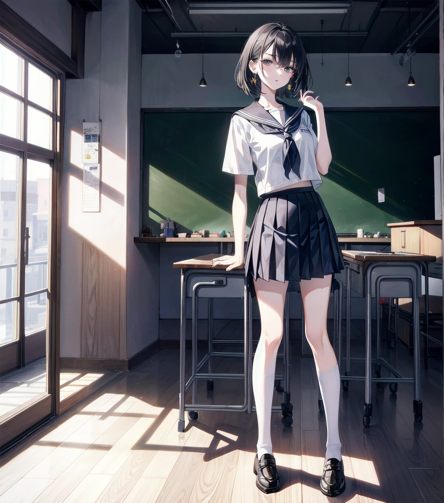 absurdres, RAW photo, extremely delicate and beautiful, masterpiece, Best Quality, ultra high resolution, 32k, hyperrealistic, ultra-detailed, in her 20s, very Slim body, narrow waist, very small head, very small face, delicate facial features, tearful mole, earring, very huge round breasts, ((full body shot)), medium hair, black hair, ((school_uniform)), ((classroom)),