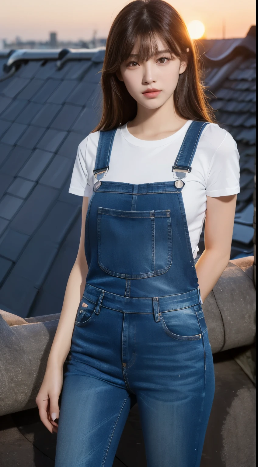 ((midnight, best quality, 8K, masterpiece :1.3)), whole body, Long legs, Clear focus :1.2, Beautiful woman with perfect body :1.4, Slim abdominal muscles :1.1, ((Dark brown hair, Large Breasts :1.2)), (White Tight Tee, Overalls Jeans, permanent:1.2), ((City night scene, roof:1.3)), Highly detailed face and skin textures, Delicate eyes, Double eyelids, Sunset, darken, Backlight, Off-shoulder