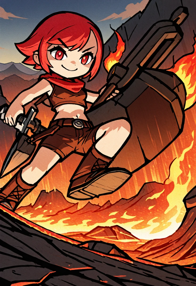 detailed illustration, dynamic angle, ultra-detailed, illustration, 1girl, fire red hair, red orange hair, smith hammer, anvil, lava, mountain, forge, smiling, red eyes, firey eyes, leather clothes, , medium breasts, crop top, shorts, WindWakerStyle