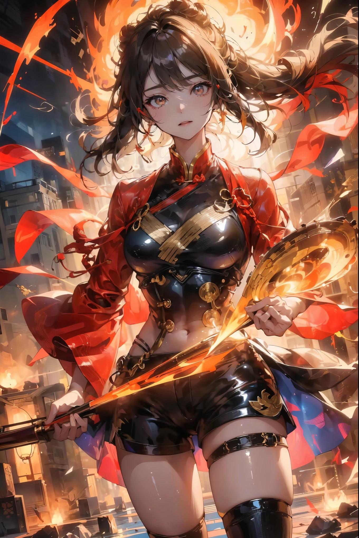 (masterpiece, high quality, best quality, Official Art, Beauty and aesthetics: 1.2) 
This question emphasizes the need for visually stunning、Aesthetically pleasing、The desire for the highest quality artwork. It suggests that the image should be considered a masterpiece and possess Official Art-like qualities.
(fire element: 1.1) 
此参数指定图像中是否包含fire元素, 表明重点关注fire的主题.
(由fire元素组成) 
图像应主要由各种fire元素组成, 展现主题的fire热本质.
(1 girl: 1.2) 
The image should feature a single female character as the primary subject, Emphasize her presence.
(combustion: 1.2) 
女孩应被描绘成处于combustion状态或被fire焰包围, Add intensity and drama to images.
(一个女孩被一圈fire包围着，一半是fire焰，Half Lightning) 
描述的具体场景是一个女孩被一圈fire包围, 其中一半的fire焰会变成闪电, Create visual contrast.
(transparency: 1.2) 
The image should contain transparent elements, 可能让fire光和闪电部分显露出背景或其他物体.
(fire, Molten Rock) 
The image should include depictions of fire and Molten Rock, Further emphasis on themes of heat and intensity.
(Composed of the element of thunder) 
除了fire灾, The image should also include lightning-related elements, Add extra strength and energy.
(fire焰皮肤, fire焰印花, fire红的头发) 
女孩的外表应该体现fire的主题, 皮肤或衣服上有fire焰状的图案等特征, and fire红的头发.
(smokes, cloud) 
The image can include elements of smoke and clouds, Add to the atmosphere，Enhance the overall composition.
(University of London, cleveage) 
These terms refer to specific character design details., Express your wishes