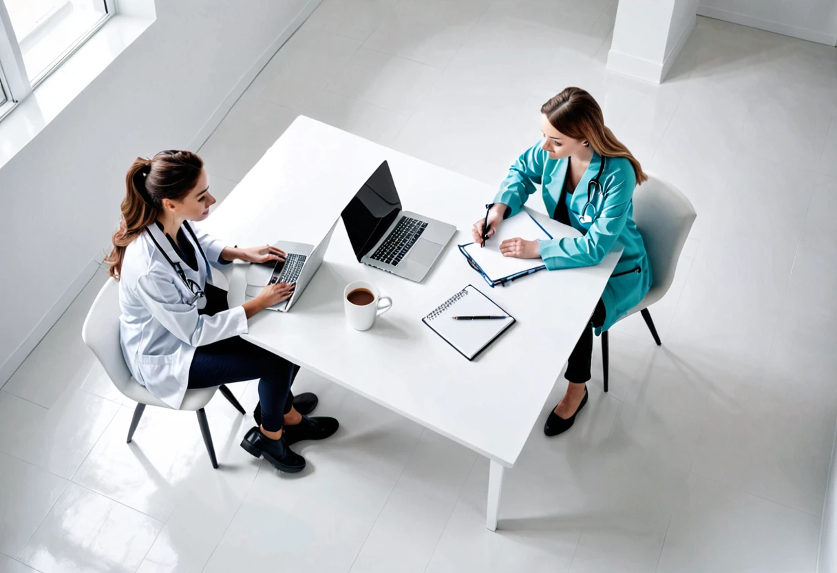 2 girls, doctor and patient, sitting behind table, laptop on table, white empty room, view from above, high quality, natural lighting, minimalist interior design, clean background, professional medical setting