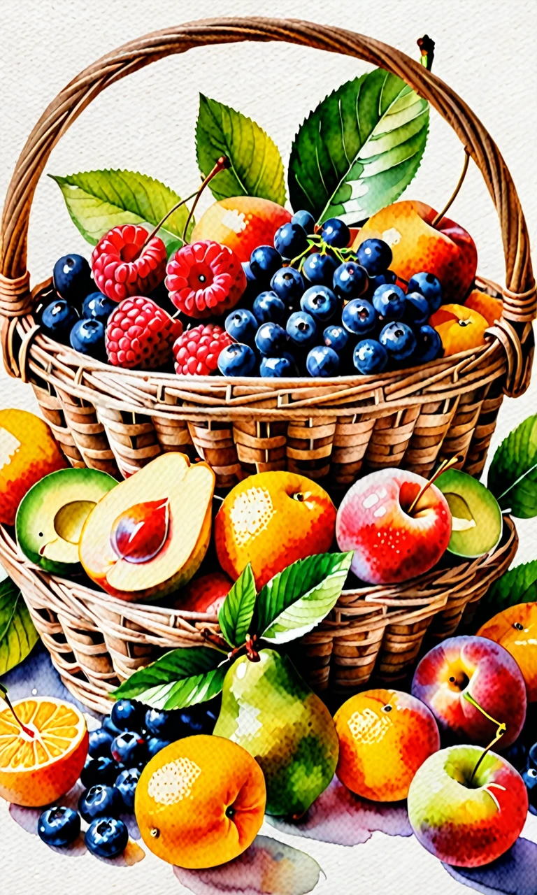 Create a vibrant minimalist watercolor painting featuring a variety of fruits including cherries, banana, mango, grape, avocado, blueberries, peaches, oranges, raspberries, and strawberries arranged in and around a rattan basket. The composition should include lush green leaves as accents, with the fruits rendered in rich, juicy colors that convey their freshness and sweetness. The background should be clear isolated with transparent background.. ultra Realistic. Masterpiece. High Saturation and contrast.