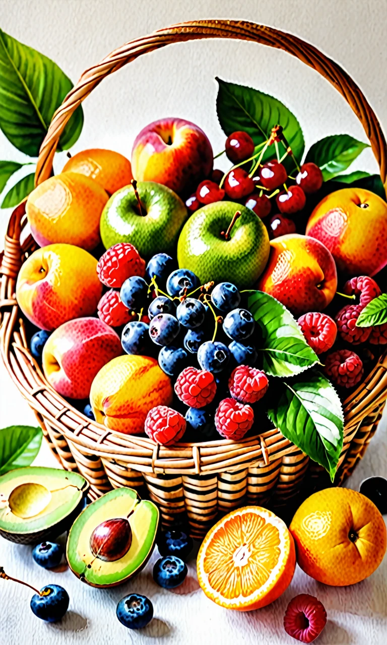 Create a vibrant minimalist watercolor painting featuring a variety of fruits including cherries, banana, mango, grape, avocado, blueberries, peaches, oranges, raspberries, and strawberries arranged in and around a rattan basket. The composition should include lush green leaves as accents, with the fruits rendered in rich, juicy colors that convey their freshness and sweetness. The background should be clear isolated with transparent background.. ultra Realistic. Masterpiece. High Saturation and contrast.