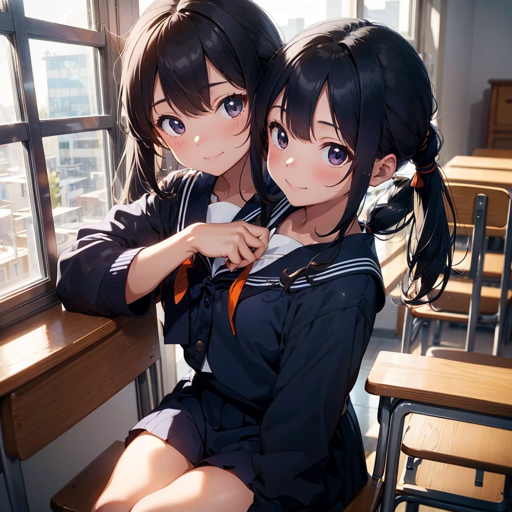 Highest quality, Very detailed, masterpiece, One Girl, Sit on a chair, talk, Smile, 15yo, (low twintails:1.2), Low Pigtails, Black Hair, Long Hair, (Navy blue sailor suit:1.4), Blue ribbon, Long sleeve, School desk, School Chair, classroom, from the front, window, distant cityscape, A town with hills, Sea in the back, 16 o'clock, Orange sky, anime, (Close up on face)