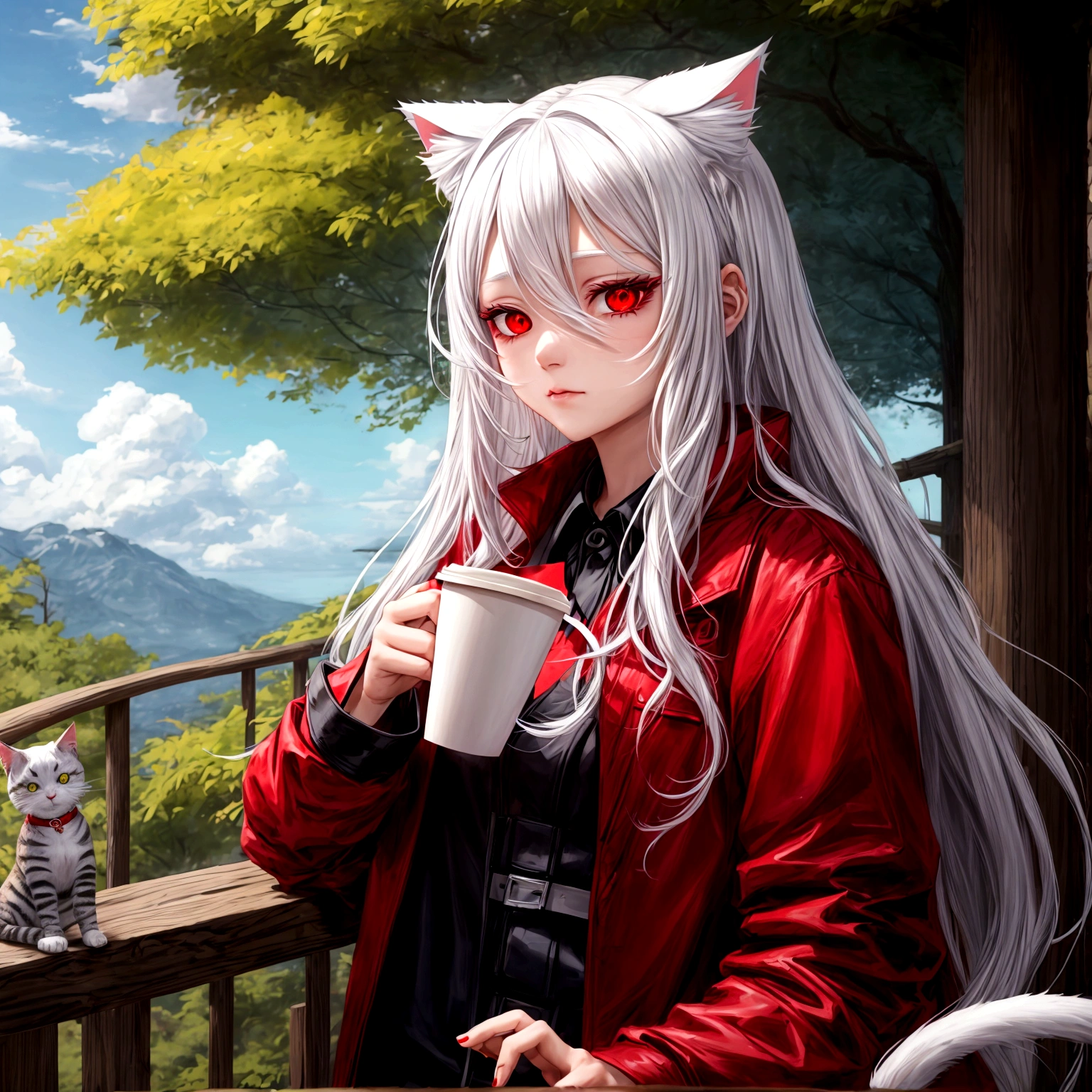 1 girl, beautiful, cool, shy, long hair, white hair, red eye, cat ear, black jacket, red shirt, holding coffee, nature place