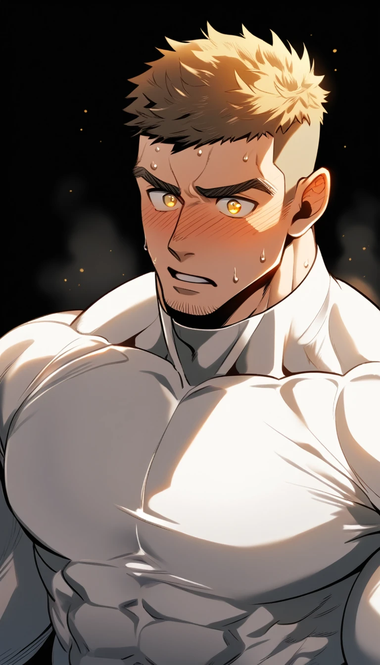 anime characters:Tights superhero, Muscle superhero, 1 muscular tough guy, Manliness, male focus, Mike White high collar long sleeve tight T-shirt, Very tight, The clothes were soaked with sweat, Upright, round and full chest muscles, Male dog waist, Slightly transparent, muscular male, muscular, only, Upper body, alone, Black short hair, Thick eyebrows, stubble, Yellow eyes, Black background, simple background, amazing quality, best aesthetics, Ridiculous, bright pupils, crew cut, parted lips, shy, blush, moaning, saliva trail, drop shadow, best quality