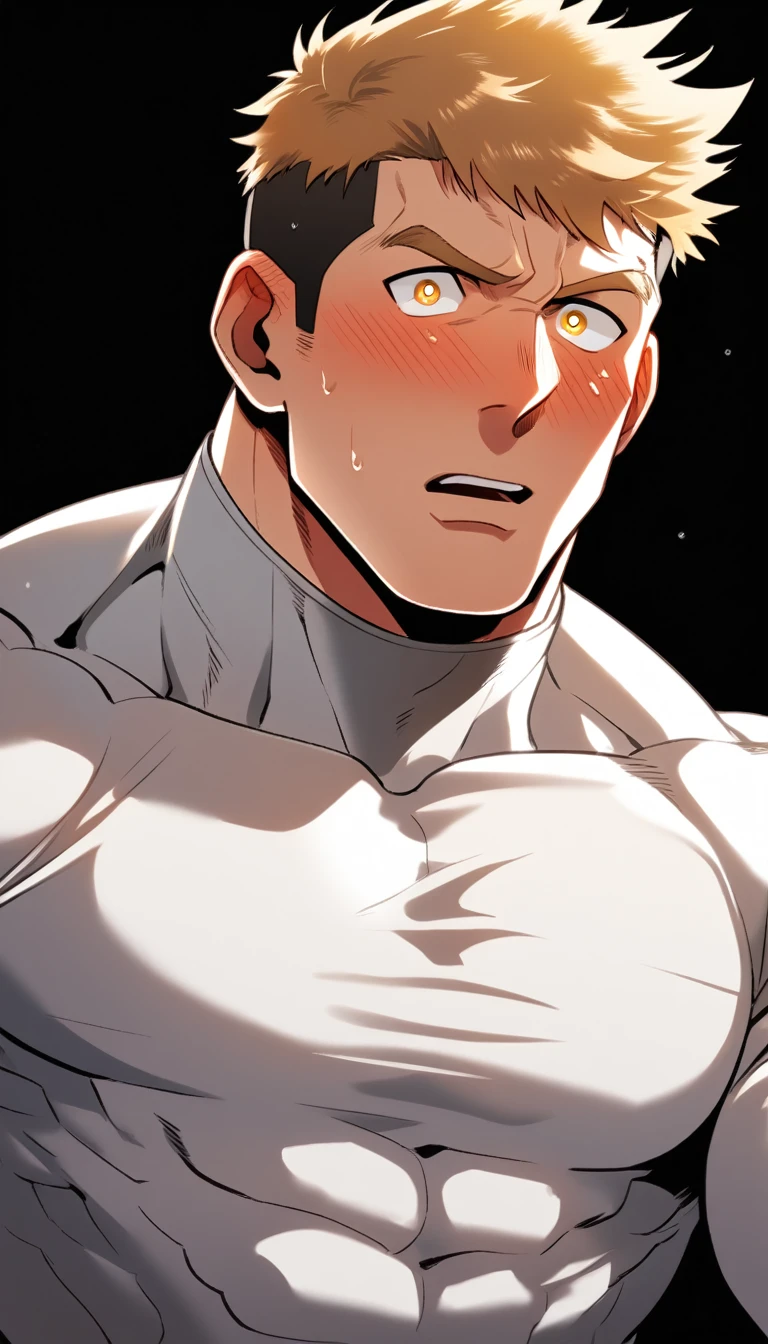anime characters:Tights superhero, Muscle superhero, 1 muscular tough guy, Manliness, male focus, Mike White high collar long sleeve tight T-shirt, Very tight, The clothes were soaked with sweat, Upright, round and full chest muscles, Male dog waist, Slightly transparent, muscular male, muscular, only, Upper body, alone, Black short hair, Thick eyebrows, stubble, Yellow eyes, Black background, simple background, amazing quality, best aesthetics, Ridiculous, bright pupils, crew cut, parted lips, shy, blush, moaning, saliva trail, drop shadow, best quality