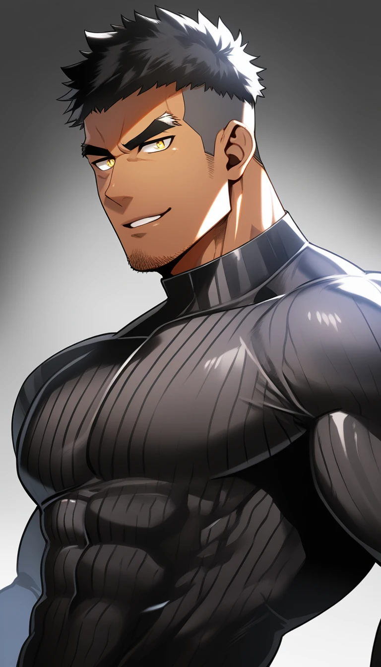 anime characters:Tights superhero, Muscle superhero, negro black skin, 1 dark skin muscular tough guy, Manliness, male focus, Yellow and black striped high collar long sleeve tight T-shirt, Slightly transparent material, Very tight, Round, full and perky chest muscles,Male dog waist,Slightly transparent, muscular male, muscular, only, Upper body, alone, Black short hair, Thick eyebrows, stubble, Yellow eyes, Grey background, simple background, amazing quality, best aesthetics, Ridiculous, bright pupils, crew cut, parted lips, seductive smile, torogao, naughty face, drop shadow, best quality