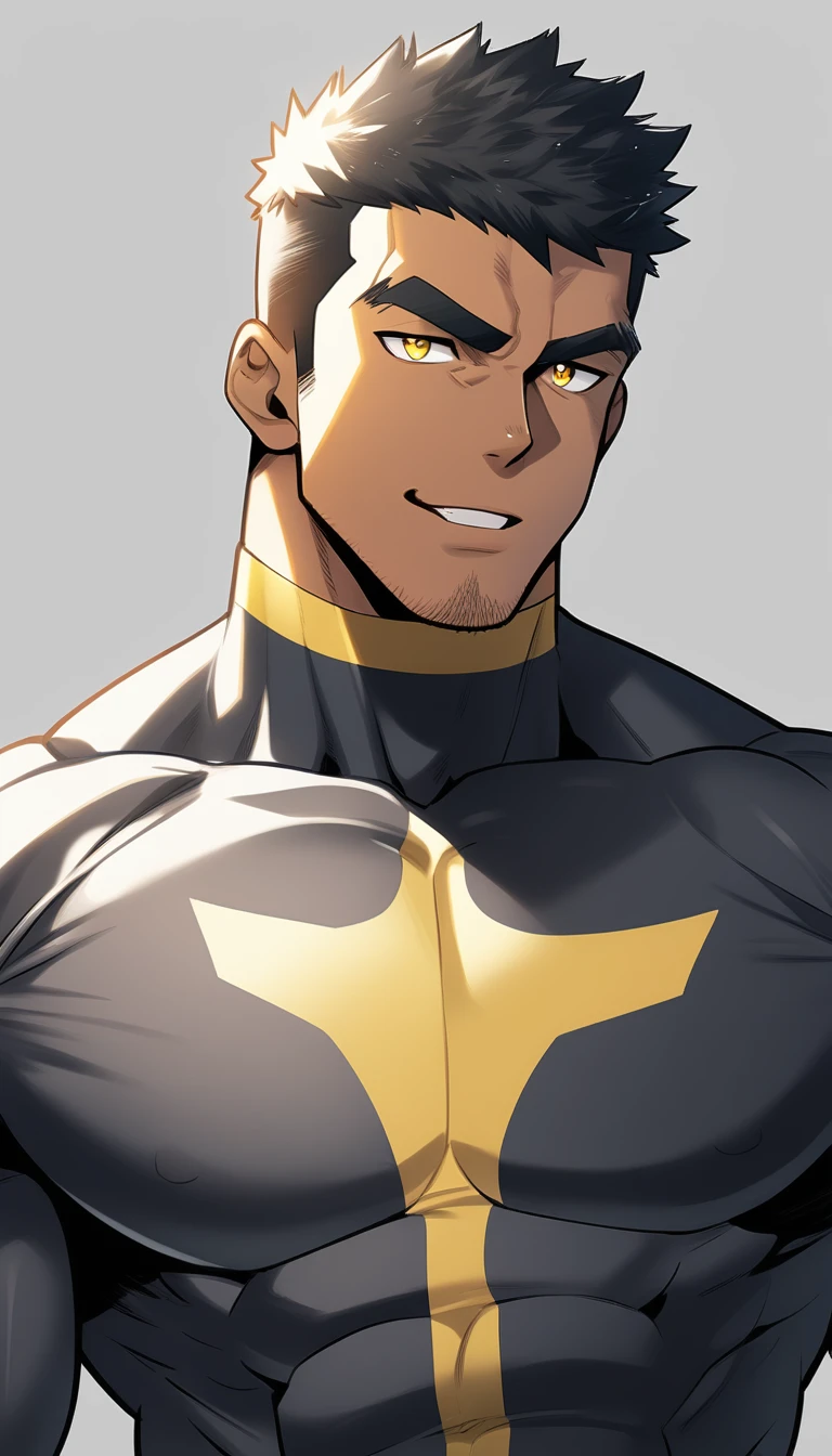 anime characters：Tights superhero, Muscle superhero, negro black skin, 1 dark skin muscular tough guy, Manliness, male focus, Yellow and black striped high collar long sleeve tight T-shirt, Slightly transparent material, Very tight, Round, full and perky chest muscles,Male dog waist,Slightly transparent, muscular male, muscular, only, Upper body, alone, Black short hair, Thick eyebrows, stubble, Yellow eyes, Grey background, simple background, amazing quality, best aesthetics, Ridiculous, bright pupils, crew cut, parted lips, seductive smile, torogao, naughty face, drop shadow, best quality