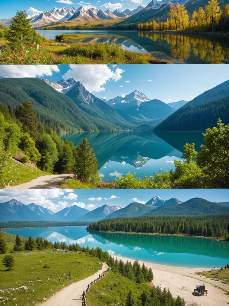 shows various views such as forests, mountains, and lakes.)