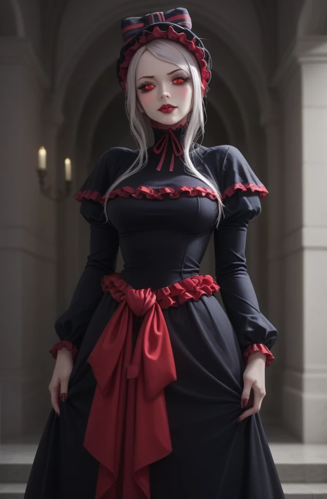 (score_9, score_8_up:1.1), score_7_up, score_6, Overlord western anime style, BREAK (24 year old Shalltear Bloodfallen from overlord), vampire lady, gothic victorian dress, sleek silver hair with bow, red eyes, small ears, lipstick, mascara, (very pale ghostly white skin), eye shadow, stockings,  captivating gaze, looking at viewer, blushing, flushed cheeks, very sexy, slim legs, BREAK  volumetric lighting, cinematic lighting, detailed, shadows,  sinister lighting, dramatic pose, dynamic, small tight butt, detailed face, intricate details, naturalism, hyperdetailed, wide shot dark cinematography, volumetric lighting, source lights,  zPDXL (1), 