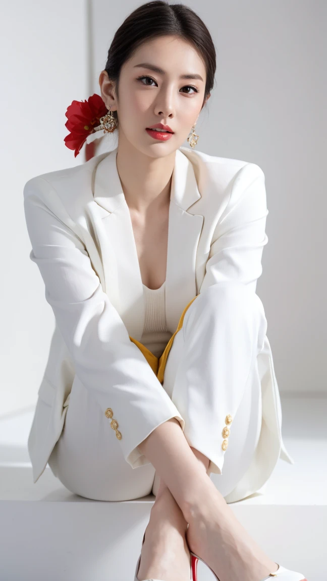 Highest quality,Masterpiece,Ultra high resolution,(real:1.4),original photo,Ultra high resolution，8K，There was a woman of English-Thai ethnicity.,sharp face，white skin，Exquisite makeup，big red lips wave，white suit，high-heels，Long legs，bright and beautiful，Fancy makeup with red eyeshadow, she is singing