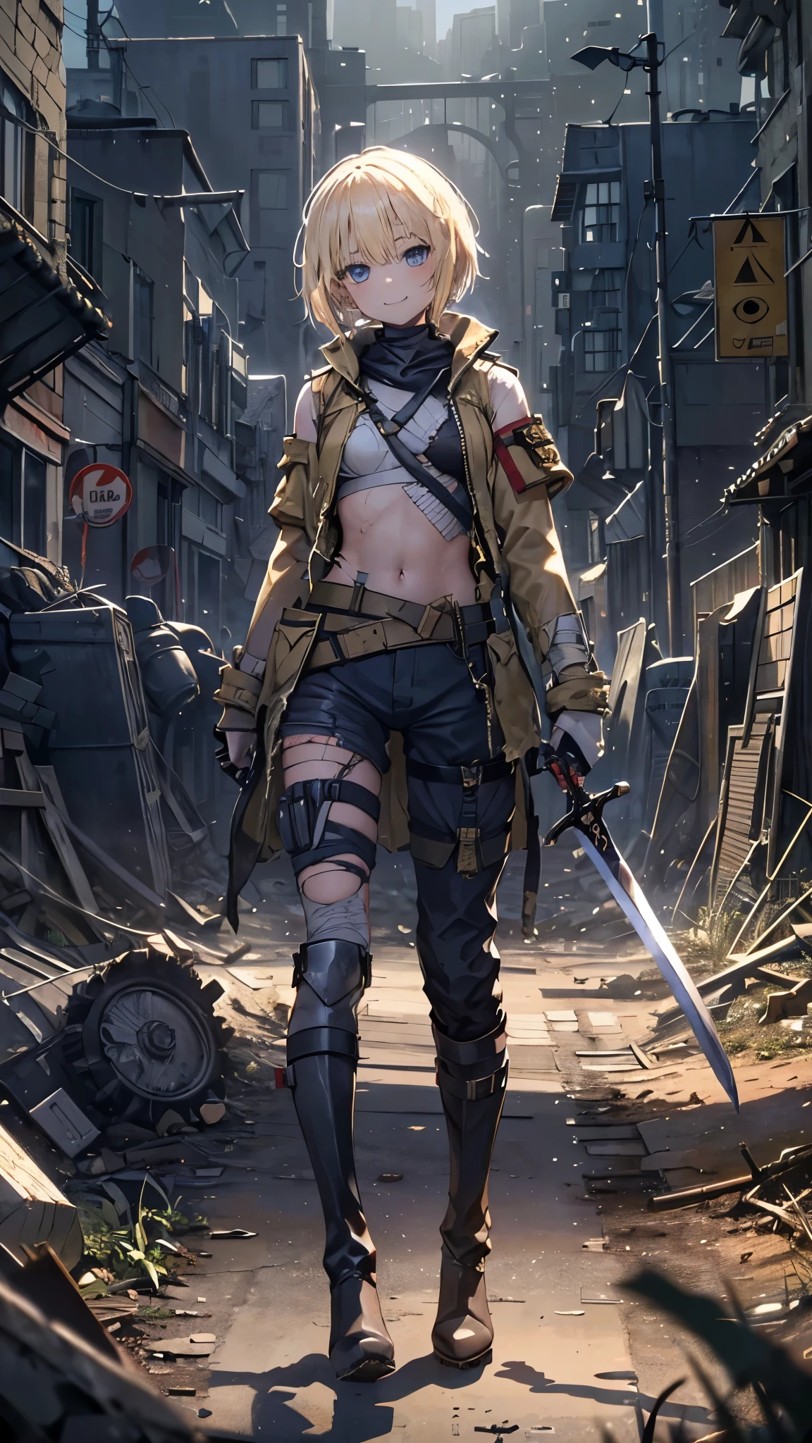 (Young blonde girl), (short hair to shoulders), (big confidence smile), (bandages covering chest), (dirty aspect, scars), (militar pants and boots), (great sword with one hand), (exposed belly), (Torn military clothes), (apocalypse city background), (bandages chest), (Small militar jacket)