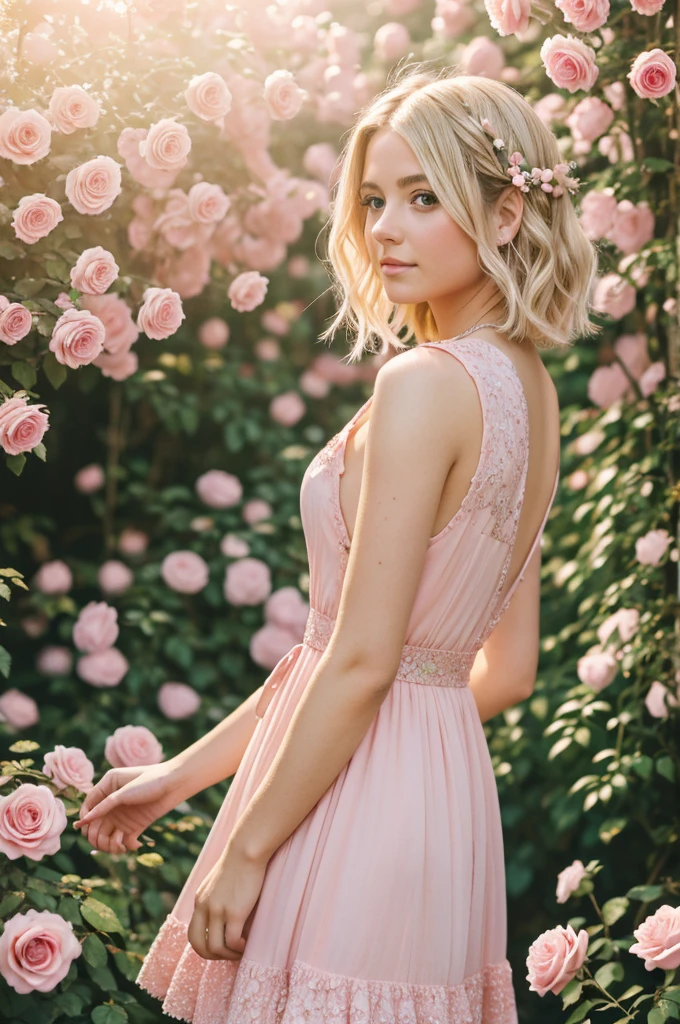 8k, RAW photo, Fujifilm, style photo of a beautiful young woman as avril in a garden of light pink roses (highly detailed skin: 1.2) Style-Petal BREAK short hair, blonde hair with colored locks, wearing a dress, film granulation, 35mm, cute style