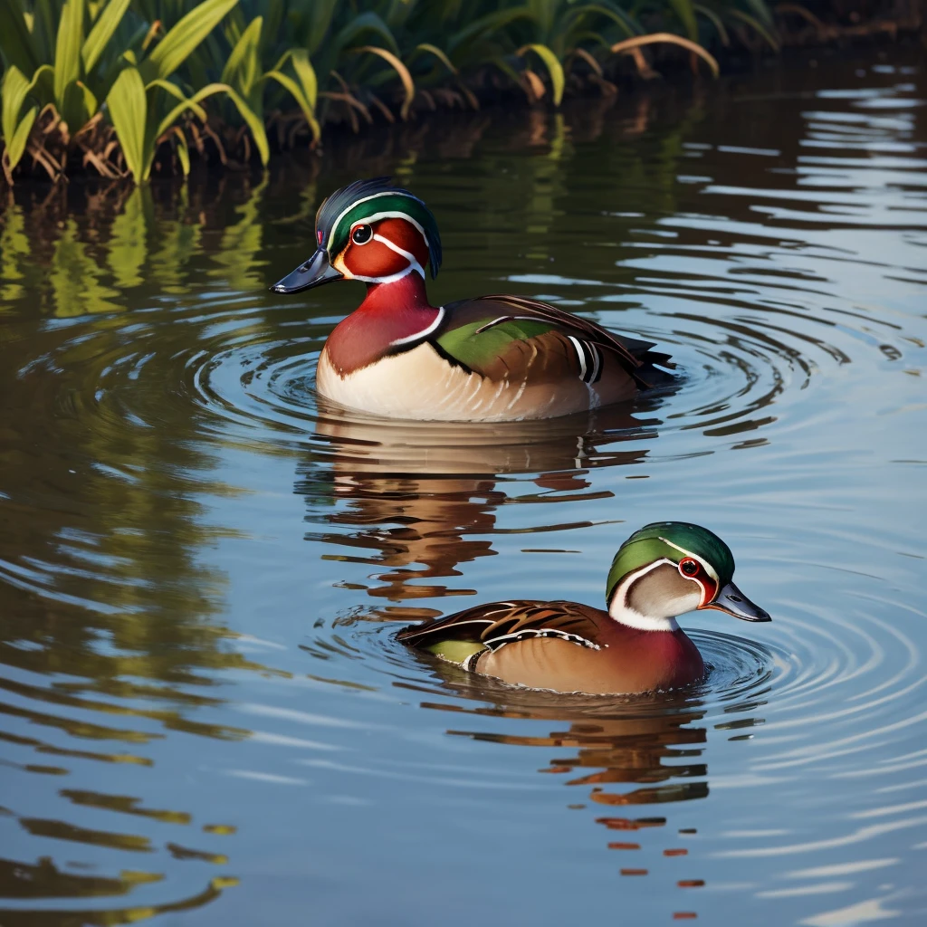 wood duck swimming in a grassing pond. Close shot.