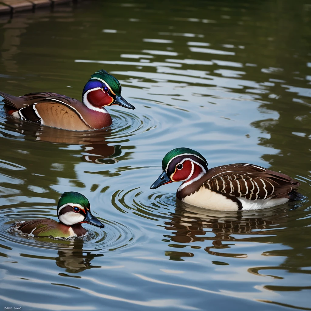 wood duck swimming in a grassing pond. Close shot.