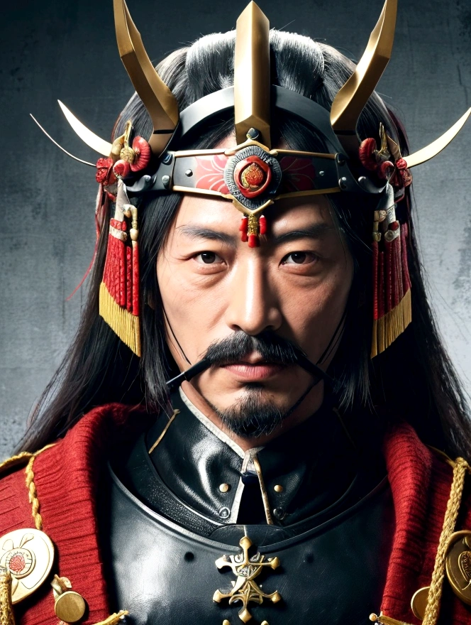 Create a highly detailed and historically accurate portrait of Oda Nobunaga, the famous Japanese warlord from the Sengoku period. He should be depicted wearing traditional samurai armor with intricate designs, including a kabuto (helmet) with a distinctive crest. His expression should be stern and commanding, reflecting his reputation as a ruthless and strategic leader. The background should include elements of a Japanese castle or battlefield to emphasize his role as a military commander. Use a realistic art style with attention to historical accuracy and detail.