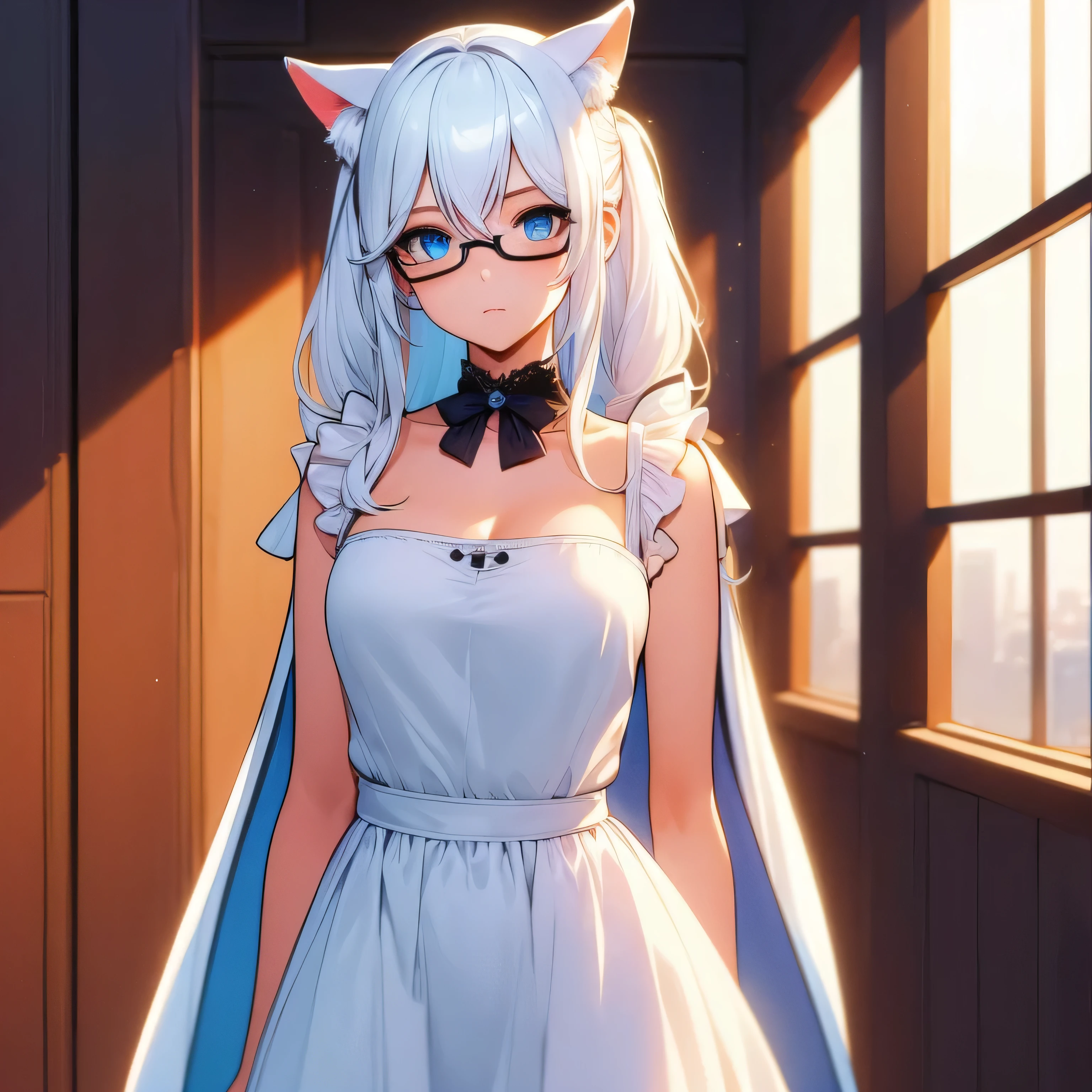 1 girl blue eyes, hair ornament, flower, white hair, cat ears, BREAK dress, bow, bare shoulders, cape, gemstone, apron, skirt, frills, high collar, BREAK indoors, BREAK looking at viewer, (cowboy shot:1.5), BREAK (masterpiece), best quality, high resolution, unity 8k wallpaper, (beautiful detailed eyes:1.6), extremely detailed face, perfect lighting, extremely detailed CG, (perfect hands, perfect anatomy), cleavage, black ribbon, glasses, adult anime woman
