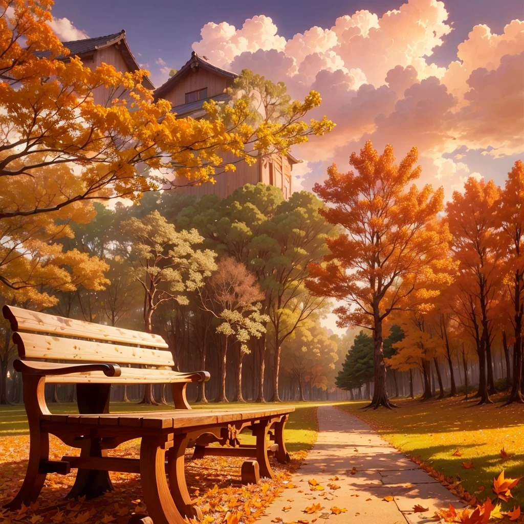 (Highest quality, High resolution), Vibrant colors,Low - Angle,
(古びたwood製のベンチ:1.3),Fascinating and enchanting autumn scenery. Warm earth tones, Soft and natural lighting.Autumn leaves background, Vibrant colorsの葉, The golden leaves gently fall, wood々Warm sunlight shining in from between, Peaceful and calm atmosphere, Soft rays of light illuminating the scene, The sound of rustling leaves, Fresh, cool air, Textured bark, A carpet of fallen leaves on the ground, Quiet and picturesque setting, Natural beauty in full bloom,