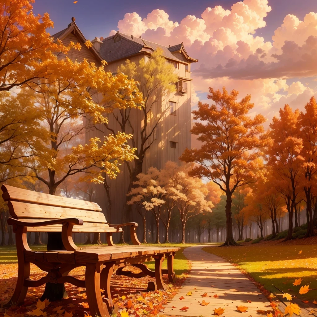 (Highest quality, High resolution), Vibrant colors,Low - Angle,

(古びたwood製のベンチ:1.3),Fascinating and enchanting autumn scenery. Warm earth tones, Soft and natural lighting.Autumn leaves background, Vibrant colorsの葉, The golden leaves gently fall, wood々Warm sunlight shining in from between, Peaceful and calm atmosphere, Soft rays of light illuminating the scene, The sound of rustling leaves, Fresh, cool air, Textured bark, A carpet of fallen leaves on the ground, Quiet and picturesque setting, Natural beauty in full bloom, 
