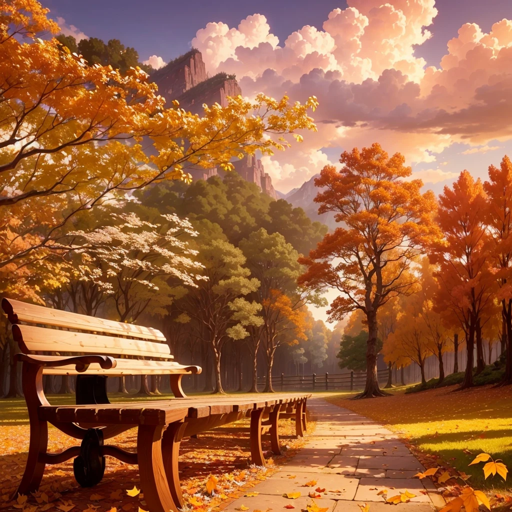 (Highest quality, High resolution), Vibrant colors,Low - Angle,

(古びたwood製のベンチ:1.3),Fascinating and enchanting autumn scenery. Warm earth tones, Soft and natural lighting.Autumn leaves background, Vibrant colorsの葉, The golden leaves gently fall, wood々Warm sunlight shining in from between, Peaceful and calm atmosphere, Soft rays of light illuminating the scene, The sound of rustling leaves, Fresh, cool air, Textured bark, A carpet of fallen leaves on the ground, Quiet and picturesque setting, Natural beauty in full bloom, 