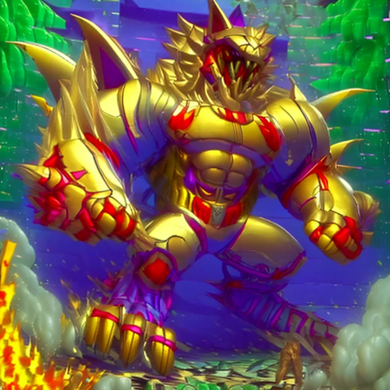 (masterpiece. official art. 8k. best quality. detailed full body. full body.)
(situation 1 : dominating The Phoenix Wolf. The Phoenix Wolf is over 1000 meters long. focus GIANT mechanical Muscular The Phoenix Wolf is trampling the car. Looking down.)
(situation 2 :smoke and flames rising from the destruction in the city)
(Additional details 1: Wearing golden Armor. Cape. Helmet. real texture material. whole body shines like metal. emphasizes the muscles. suit fully made of metal.Robotic suit).
(Additional details 1.5: The arms are golden. The lower half of the body is golden. The wolf-shaped helmet has sharp fangs. The whole body is golden. The chest area is also golden. There is a ring above the head.).
(Additional details 2: Detailed head. Detailed Body. Detailed abs. gigantic muscles. HYPER MUSCLES. Gigachad Muscular. big muscle. pecs. triceps. traps. unusually developed muscular body. body full of huge muscles. showing off muscles. pectorales enormes. Exaggeratedly huge muscles. huge muscles. long legs.).
(Additional details 3: Spread wings. It has wings. The claws are sharp. Sharp teeth.). He is laughing defiantly. The claws are sharp. Sharp teeth.).
(Additional details 3.5 : nj5furry, He is laughing defiantly. medieval armor.).