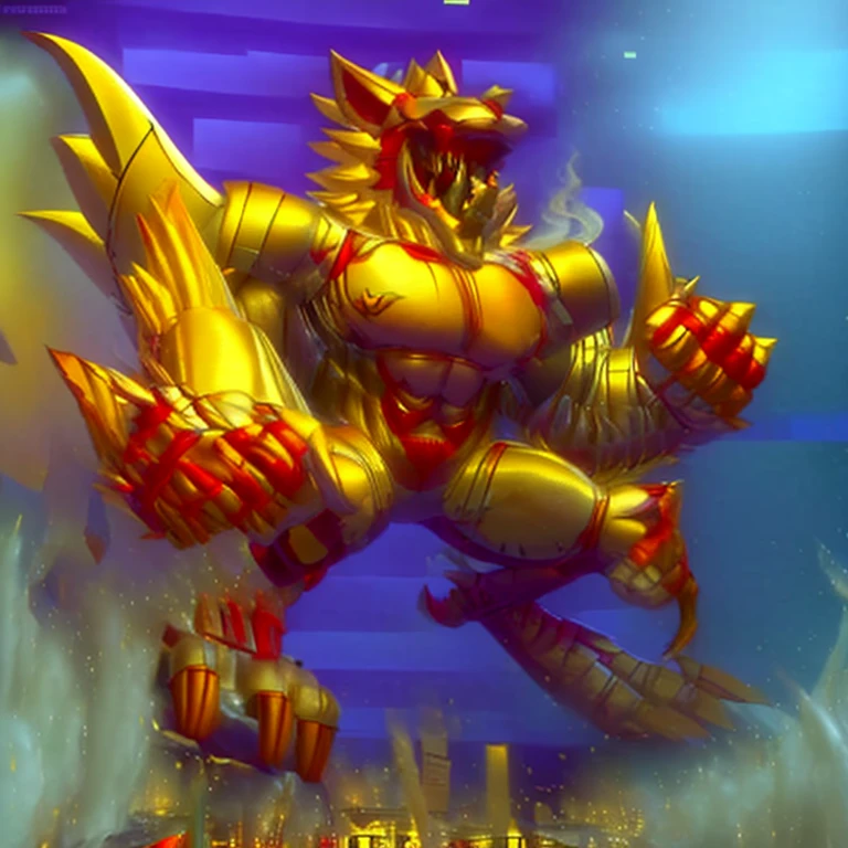 (masterpiece. official art. 8k. best quality. detailed full body. full body.)

(situation 1 : dominating The Phoenix Wolf. The Phoenix Wolf is over 1000 meters long. focus giant mechanical Muscular The Phoenix Wolf is trampling the car. Looking down.)

(situation 2 :smoke and flames rising from the destruction in the city)

(Additional details 1: Wearing golden Armor. Cape. Helmet. real texture material. whole body shines like metal. emphasizes the muscles. suit fully made of metal. Robotic suit. no face.).

(Additional details 1.5: The arms are golden. The lower half of the body is golden. The wolf-shaped helmet has sharp fangs. The whole body is golden. The chest area is also golden. There is a ring above the head.).

(Additional details 2: Detailed head. Detailed Body. Detailed abs. gigantic muscles. HYPER MUSCLES. Gigachad Muscular. big muscle. pecs. triceps. traps. unusually developed muscular body. body full of huge muscles. showing off muscles. pectorales enormes. Exaggeratedly huge muscles. huge muscles. long legs.).

(Additional details 3: Spread wings. It has wings. The claws are sharp. Sharp teeth.). He is laughing defiantly. The claws are sharp. Sharp teeth.). 

(Additional details 3.5 : nj5furry,  He is laughing defiantly. medieval armor.). 
