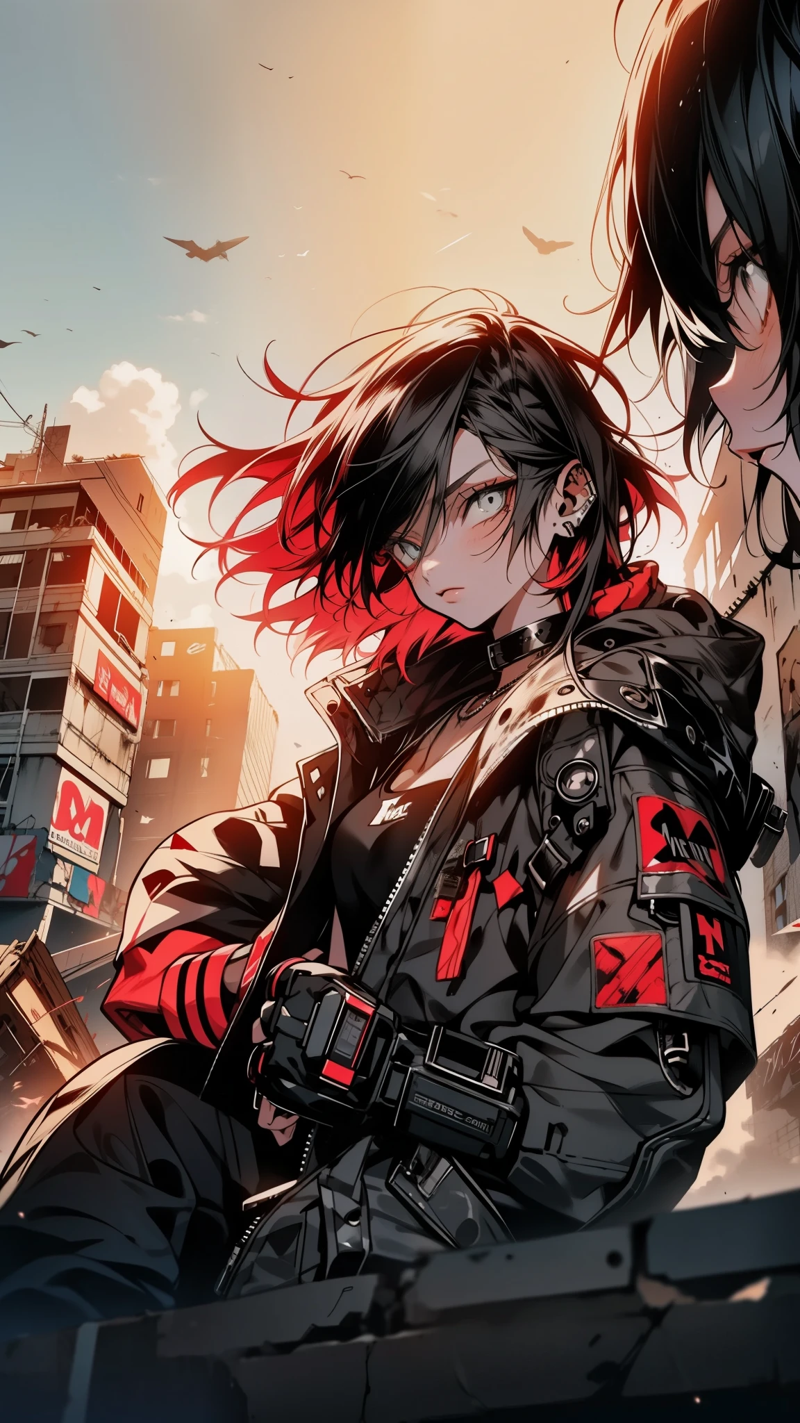 thicker outlines, anime style, cool and edgy, A teenager boy rebel stands defiantly amidst the rubble of a once-thriving city. Their Red Violet hair tousled by the wind, they wear a worn Window-grey colored jacket adorned with patches. ((Their left arm is a sleek mechanical prosthesis)), glinting in the sunlight.
Mood: Defiant, resilient
Style: Post-apocalyptic, gritty
Lighting: Harsh sunlight casting long shadows, fashionable, posing, colorful, confident, expression, accessory, coiled, around, stylish, striking, modern, fashion, vibrant pallete