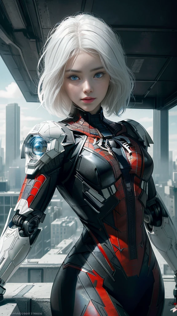 (1 girl:1.3), Alone, (((Very detailed face)))), ((Very detailed eyes and face.)))), beautifuls detalles ojos, body parts__, Official Art, unified 8k wallpaper, super detailed, beautiful and beautiful, beautiful, Masterpiece, Best Quality, Original, Masterpiece, super fine photo, Best Quality, super high resolution, realistic realism, sunlight, Full length portrait, extraordinary beauty, dynamic pose, delicate face, vibrant eyes, (FROM THE FRONT), He wears a Spider-Man suit., red and black color scheme, spider, fondo muy detallado del Ceiling de la ciudad, Ceiling, with city views, detailed face, detailed complex busy background, disordered, gorgeous, milky white, very detailed skin, realistic skin details, visible pores, clear focus, volumetric fog, 8k hd, DSLR, high quality, film grain, White skin, photographic realism, lomography, Futuristic dystopian megalopolis, translucent, eyes looking at the camera, Big , short hair,white hair ,full body,mecha,cyborg,robotic,long hair